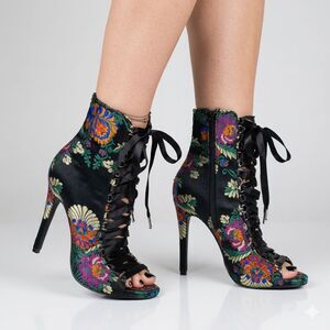 Steve Madden Fuego Embroidered Floral Lace-Up Peep-Toe Stiletto Booties Size 7